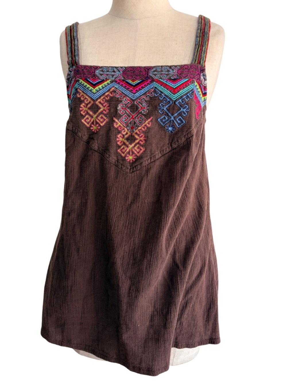 vtg charlotte russe tank top brown colorful embroidered gauze cotton boho y2k m